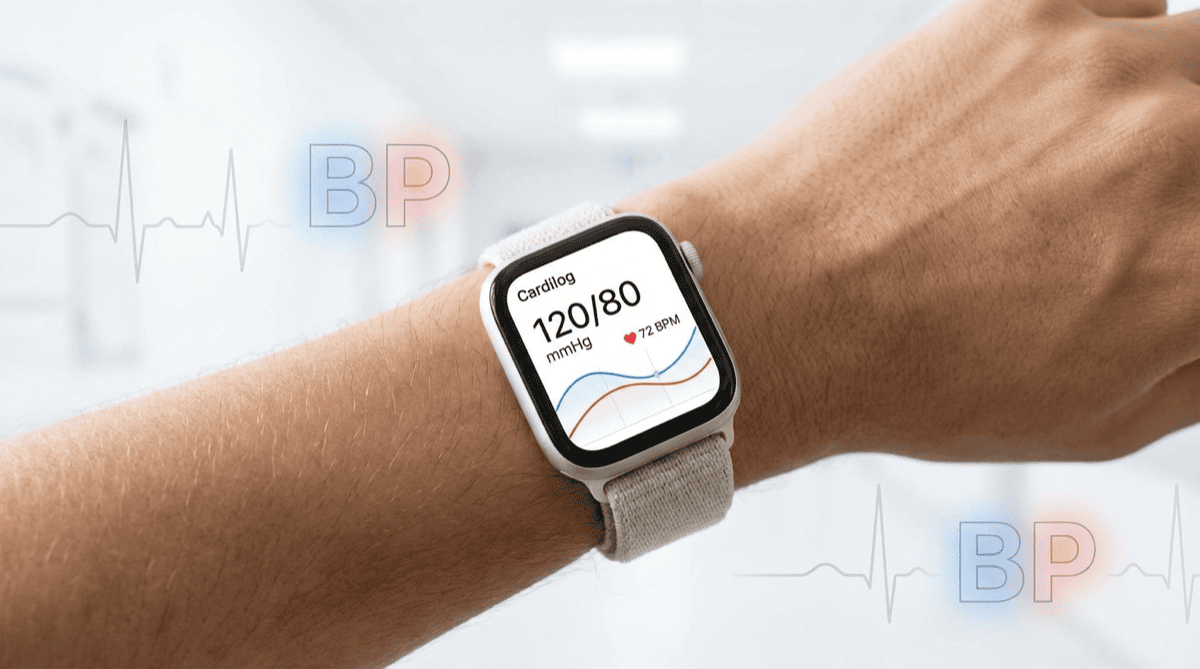 Apple Watch displaying blood pressure reading with Cardilog app interface