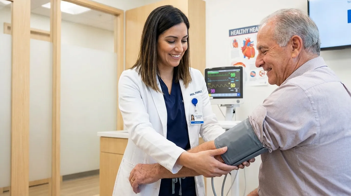 Blood pressure cuff sizes arranged next to a measuring tape on a medical table