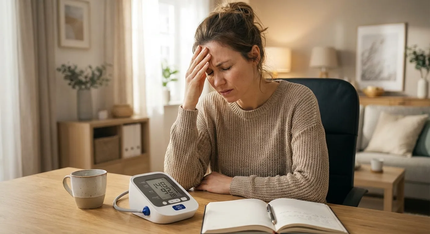 Person experiencing a headache while checking blood pressure at home