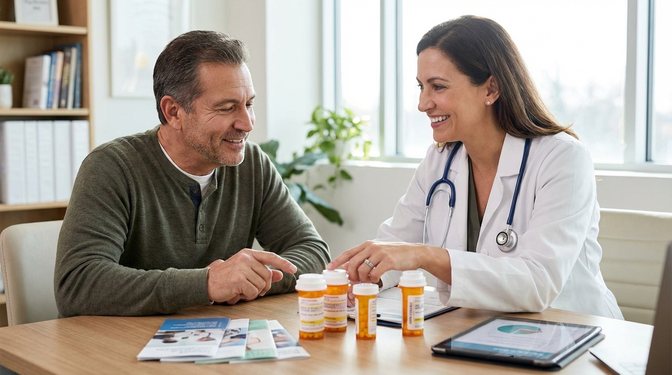 Healthcare professional discussing medication side effects with patient, prescription bottles on table