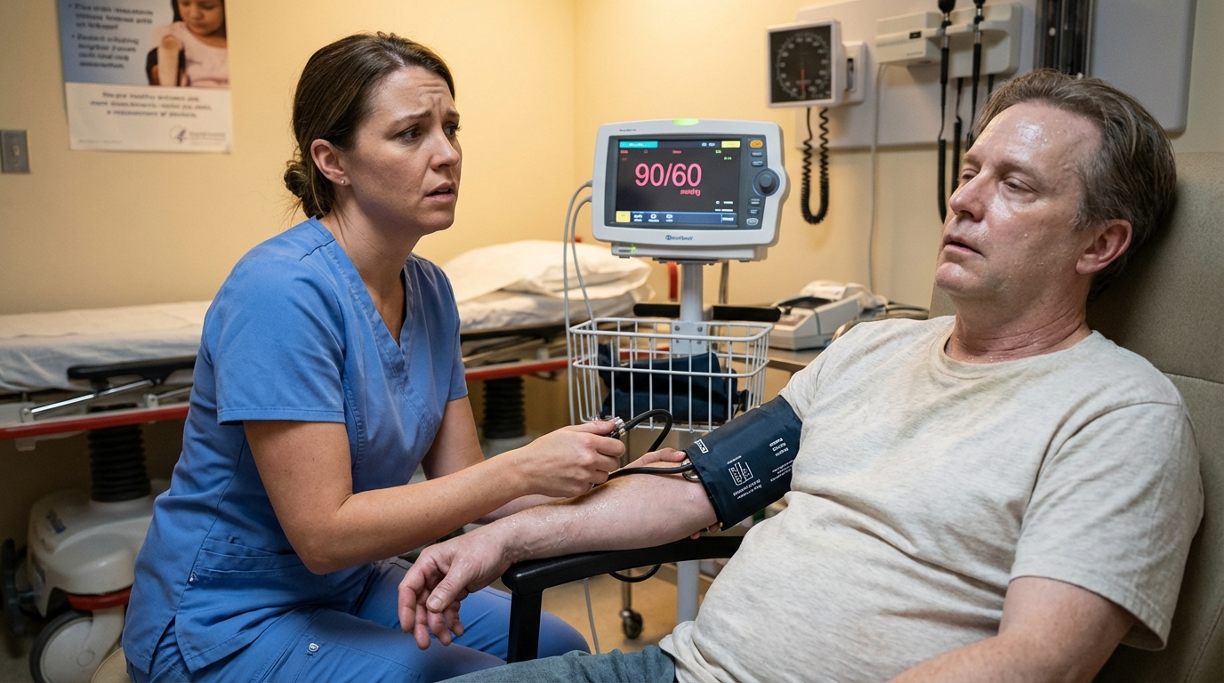 Emergency medical scene showing healthcare provider checking blood pressure of patient experiencing dangerously low BP symptoms
