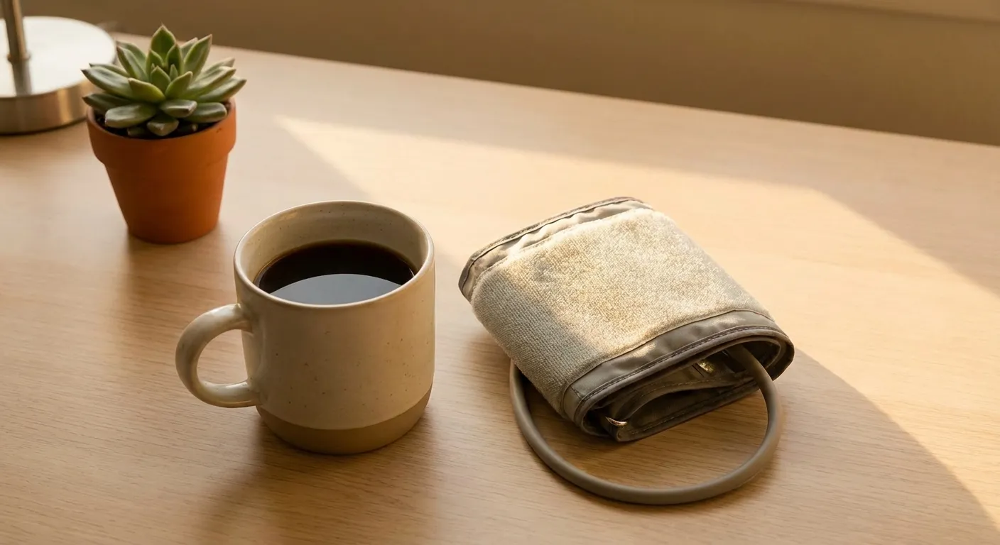Cup of coffee next to a blood pressure monitor on a desk
