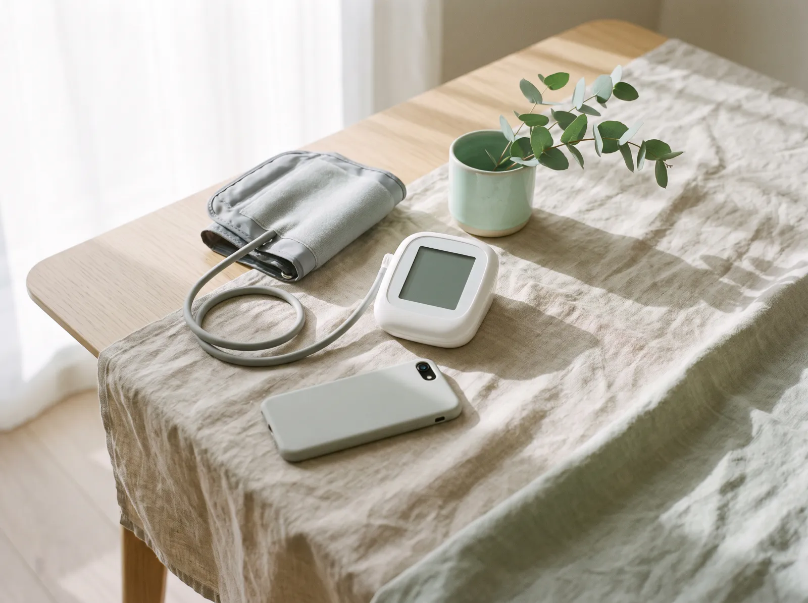 A cuff blood pressure monitor on a linen tablecloth, next to a phone lying face down.