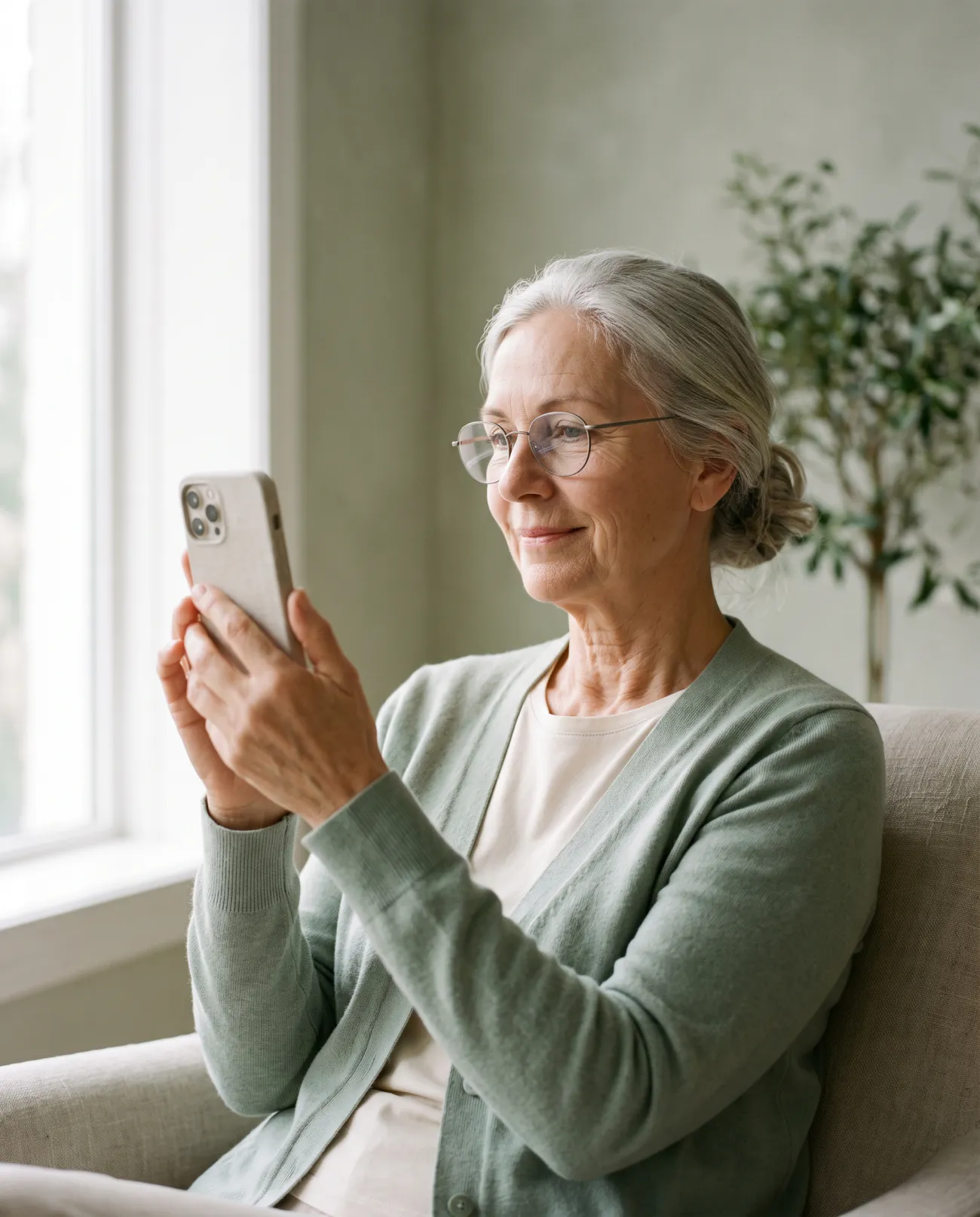 A woman in her seventies wearing reading glasses holds her phone at eye level by a window.