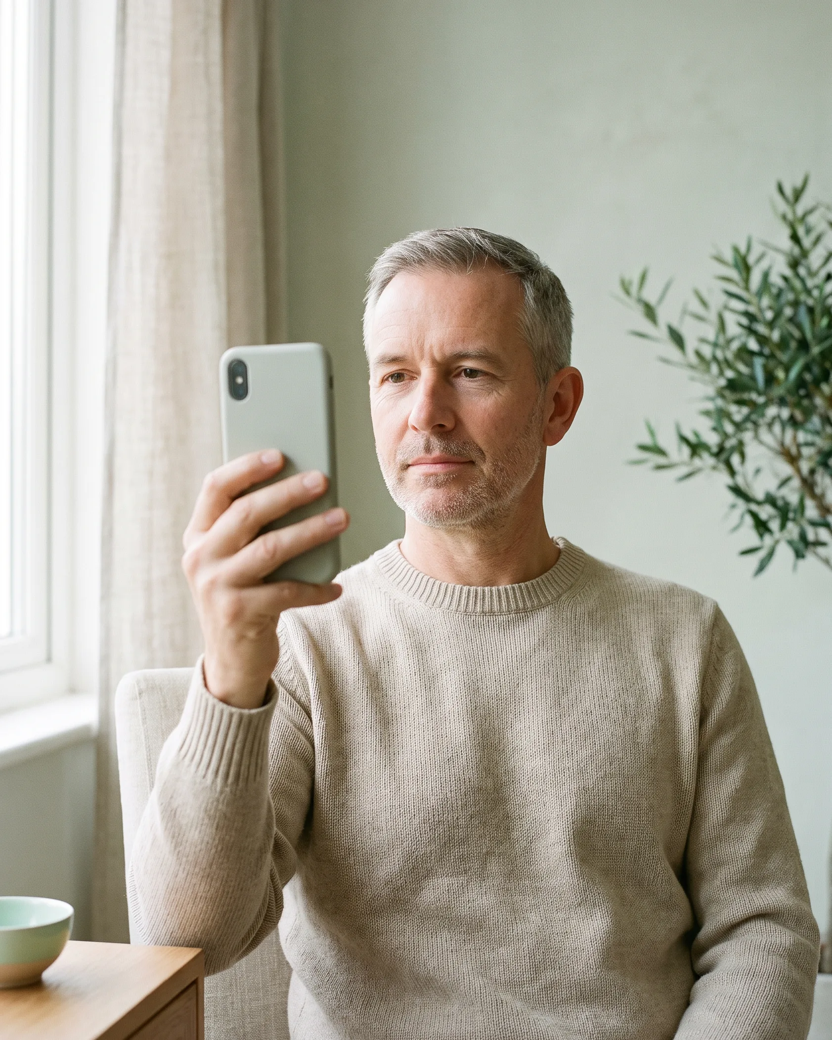 A man sits by a window and holds his phone at eye level, with soft daylight falling on his face.